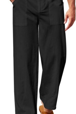 Mens Casual Cotton Pants Loose Fit Lightweight Elastic Waist Pants Baggy Wide Leg Summer Beach Yoga Linen Trousers
