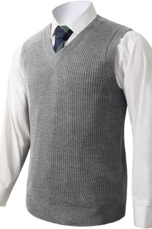 Mens V-Neck Knitted Sweater Vest Solid Plain Sleeveless Pullover Knitwear Loose Fit All Match Sweater Tops