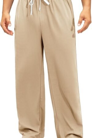 Men's Lounge Pants Wide Leg Drawstring Elastic Waist Casual Trousers Lightweight Travel Pants with Pockets