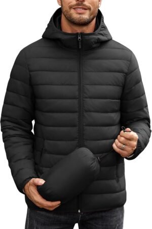 Mens Packable Puffer Jacket Lightweight Hooded Insulated Winter Coat Windproof Zipper Down Jacket